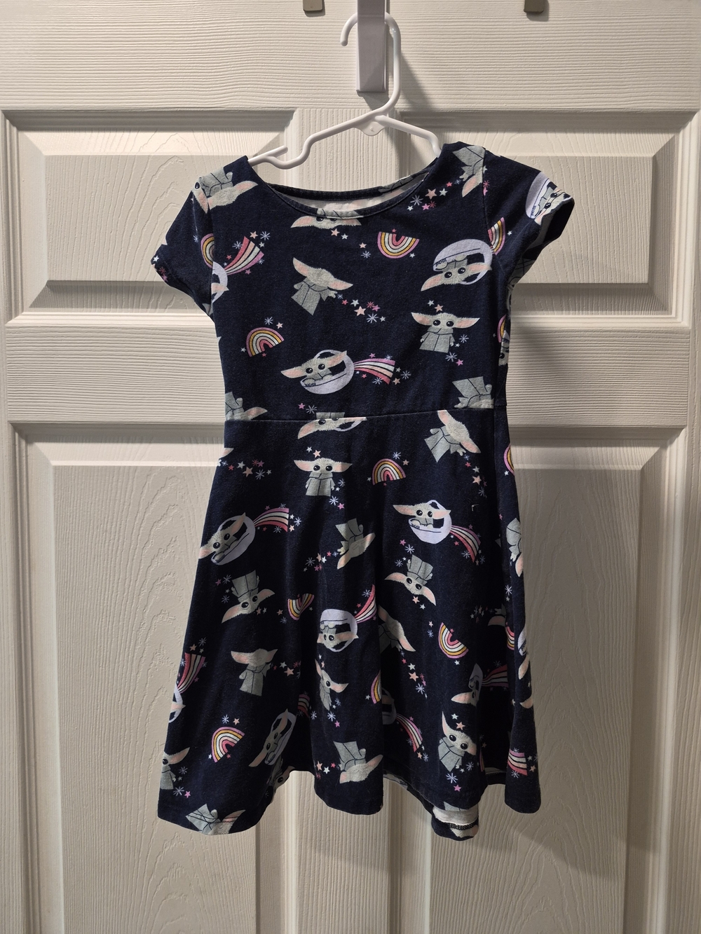 Girls Navy Blue Graphic Skater Dress with Yoda Star Wars Character Print